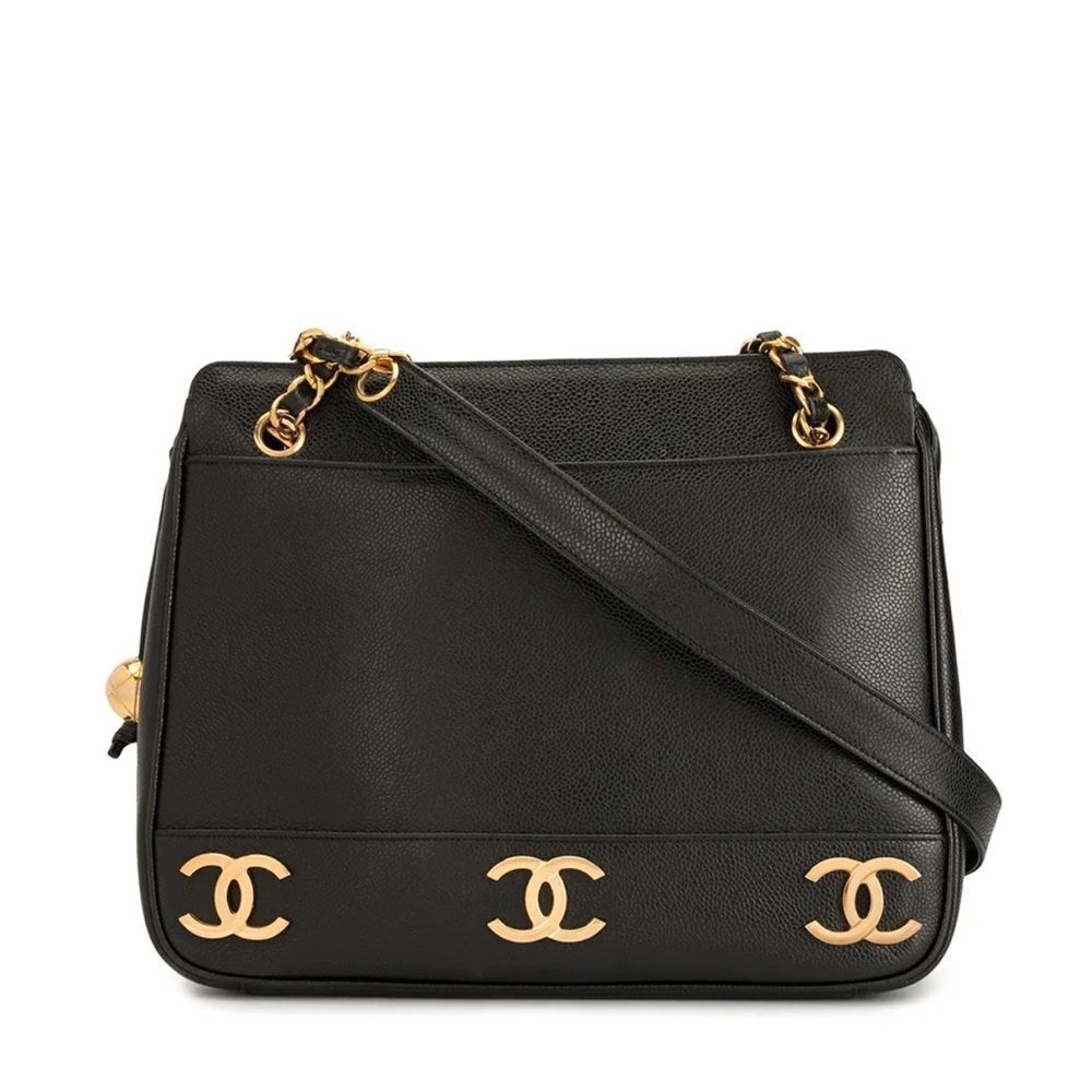 Authentic Chanel Triple CC Black/Gold Caviar Leather Chanel Shoulder Bag.